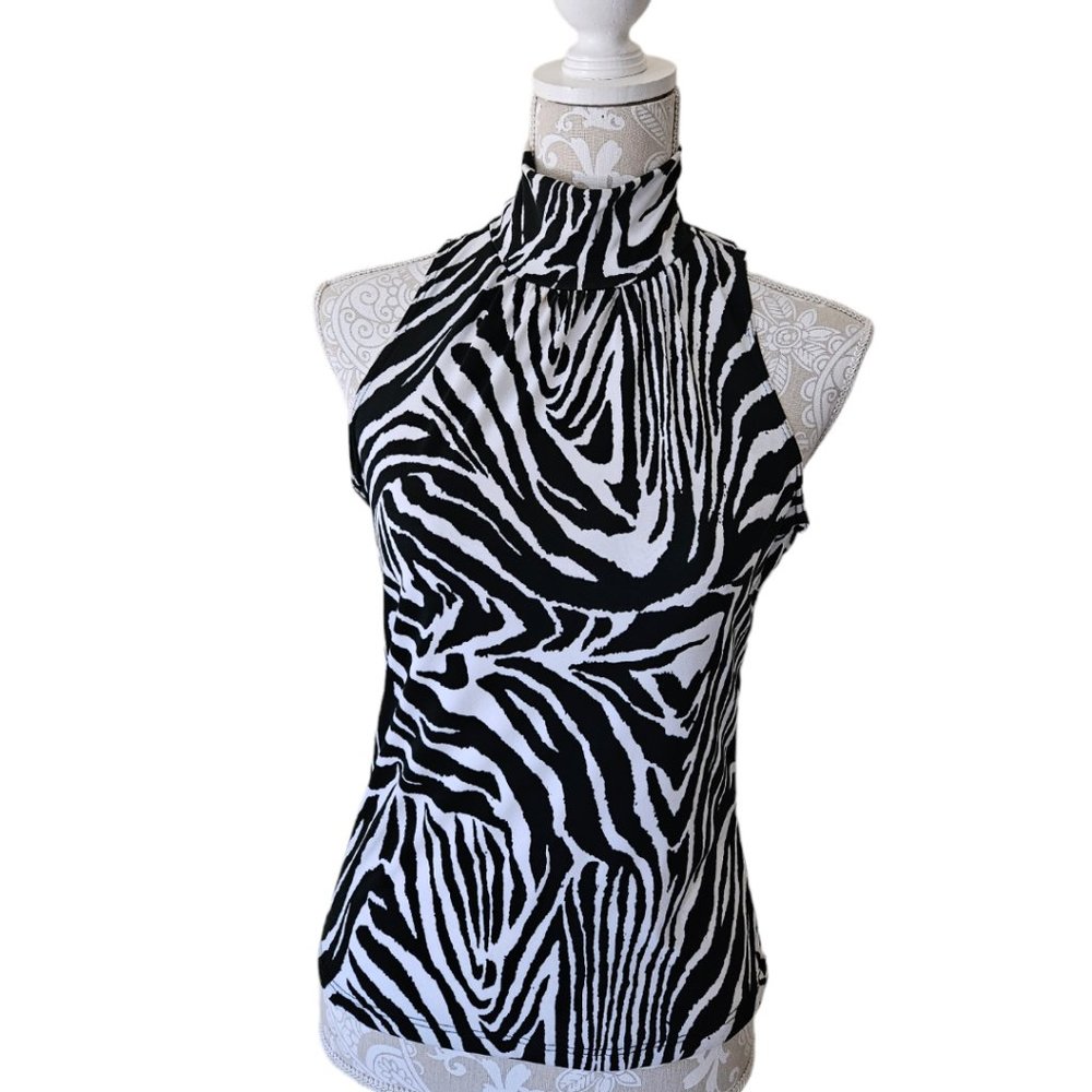 Zebra Animal Print no Sleeves High Neck Shirt Small